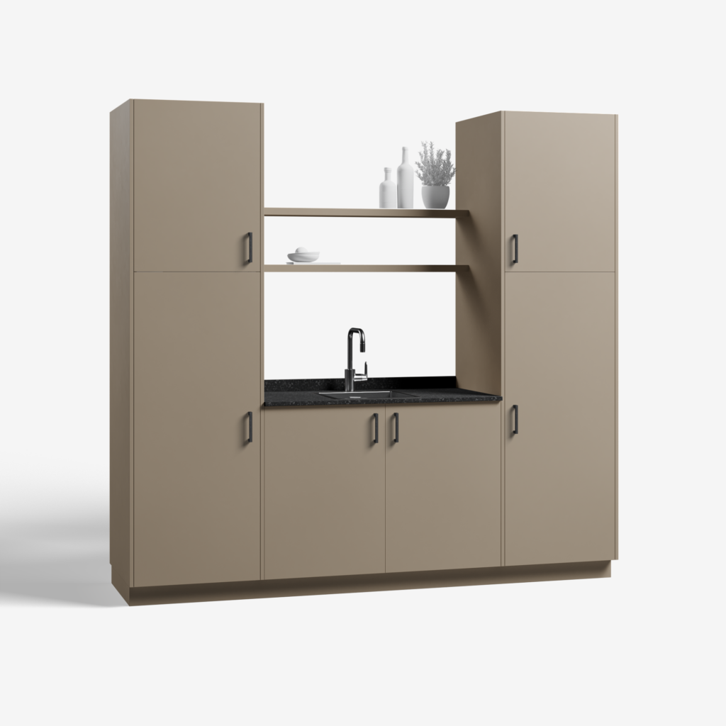 Bijkeuken kast model Condor, beige grijs kleur, met ara zwart mat handgrepen en tray werkblad, deuren dicht.