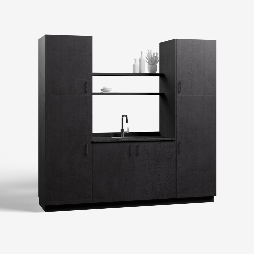 Bijkeuken kast model Condor, feelwood black kleur, met ara zwart mat handgrepen en tray werkblad, deuren dicht.