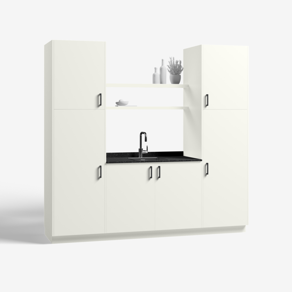 Bijkeuken kast model Condor, gebroken wit kleur, met ara zwart mat handgrepen en tray werkblad, deuren dicht.