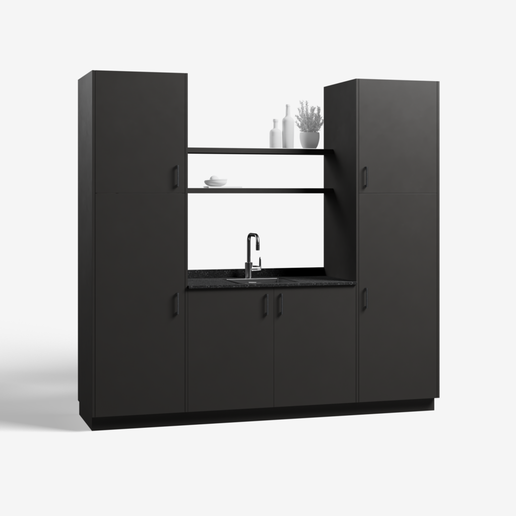 Bijkeuken kast model Condor, metallic black kleur, met ara zwart mat handgrepen en tray werkblad, deuren dicht.
