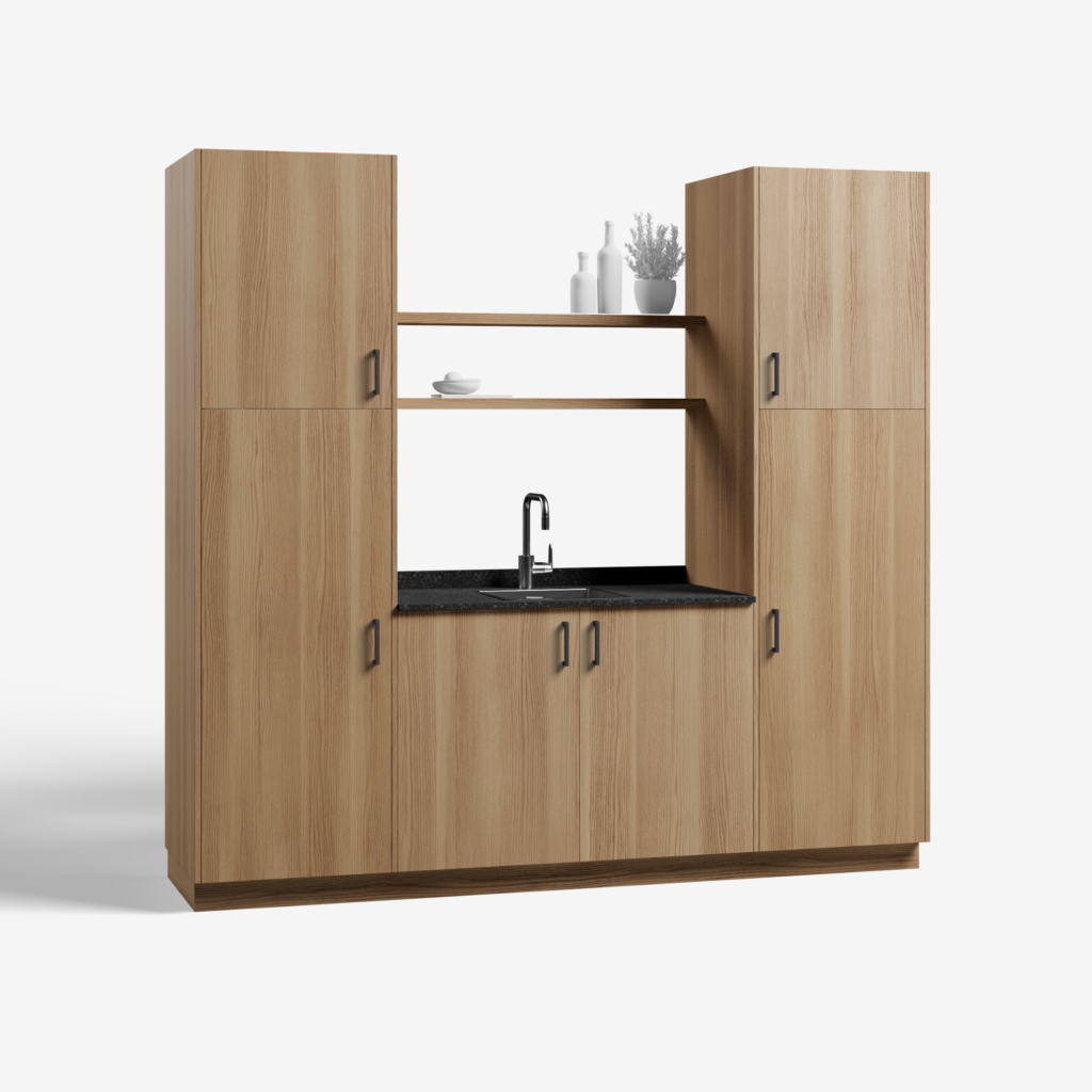 Bijkeuken kast model Condor, natural ash kleur, met ara zwart mat handgrepen en tray werkblad, deuren dicht.