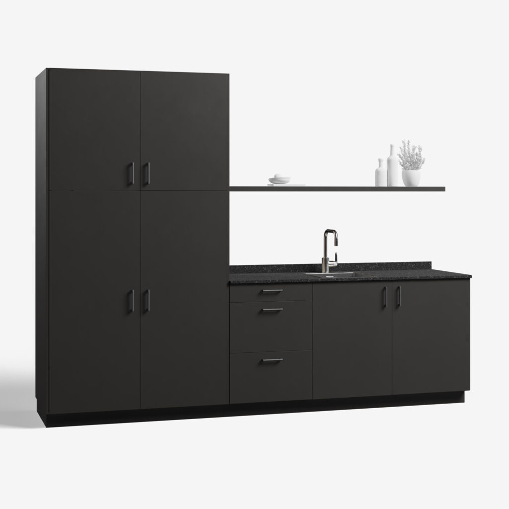 Bijkeuken kast model Drive, metallic black kleur, met ara zwart mat handgrepen en tray werkblad, deuren dicht.