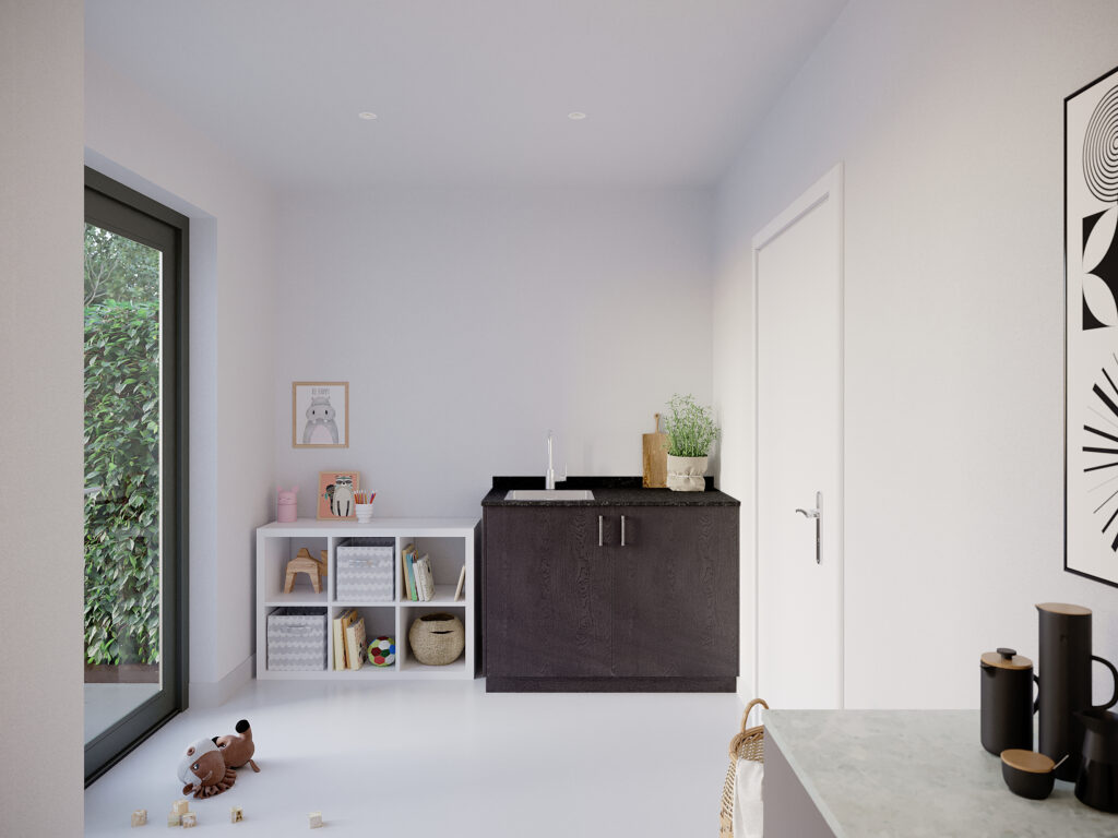 Interieur pantry model Par, feelwood black kleur, ara zwart mat handgrepen en tray werkblad.