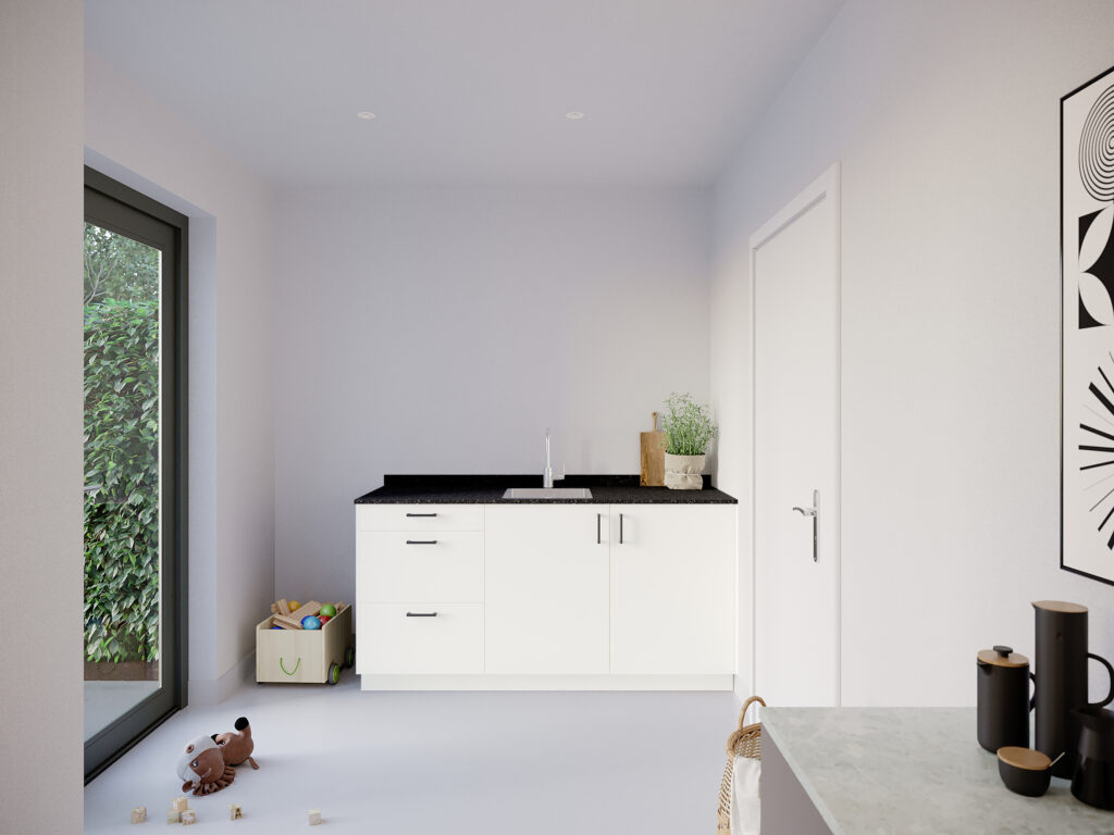 Interieur pantry model Albatros, gebroken wit kleur, met ara zwart mat handgrepen en tray werkblad.