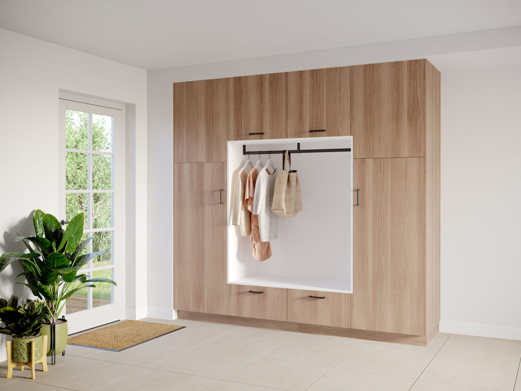 Interieur bijkeuken model Putter, natural ash kleur, met ara zwart mat handgrepen.