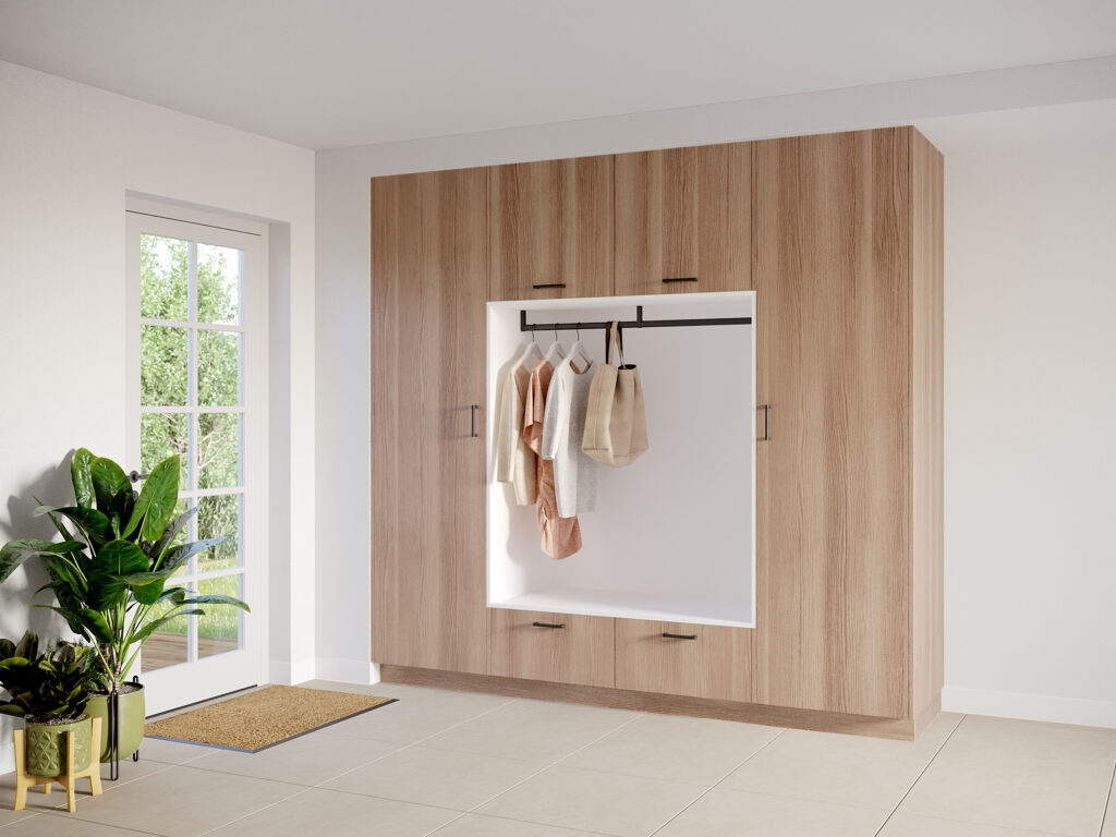 Interieur bijkeuken model Putter, natural ash kleur, met ara zwart mat handgrepen.