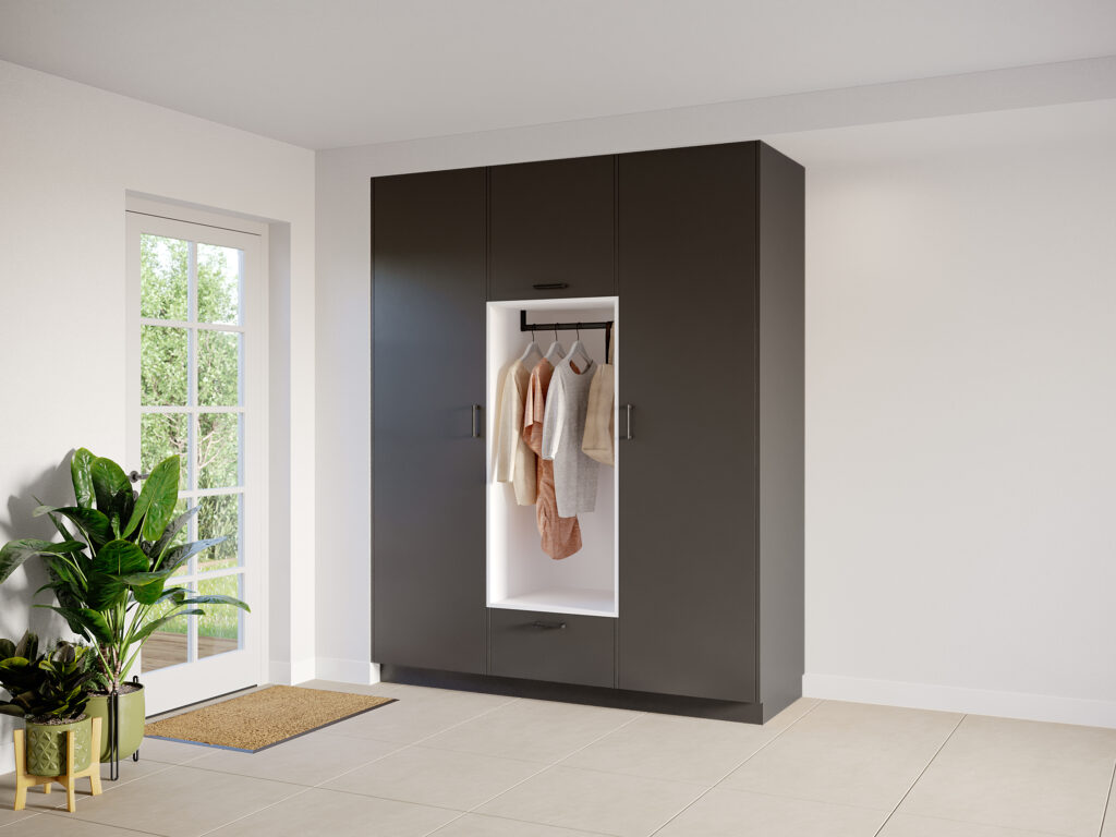 Interieur bijkeuken model Wedge, metallic black kleur, met ara zwart mat handgrepen.