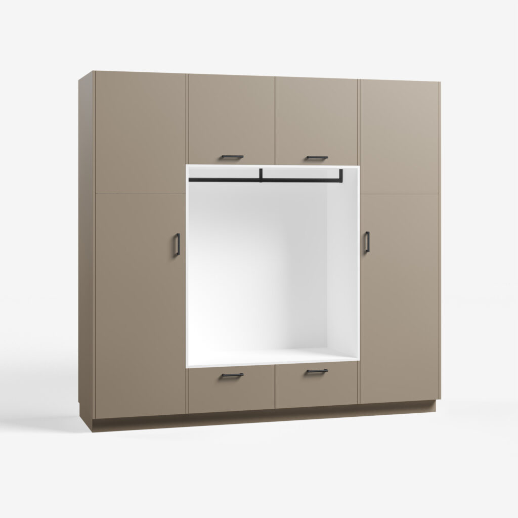 Bijkeuken kast model Putter, beige grijs kleur, met ara zwart mat handgrepen, deuren dicht.