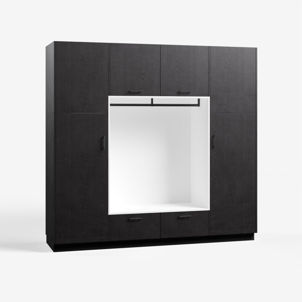 Bijkeuken kast model Putter, feelwood black kleur, met ara zwart mat handgrepen, deuren dicht.