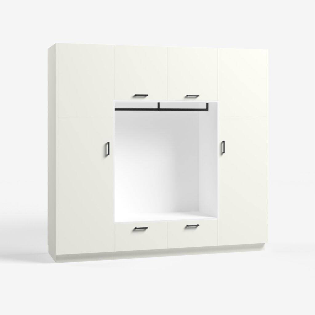 Bijkeuken kast model Putter, gebroken wit kleur, met ara zwart mat handgrepen, deuren dicht.