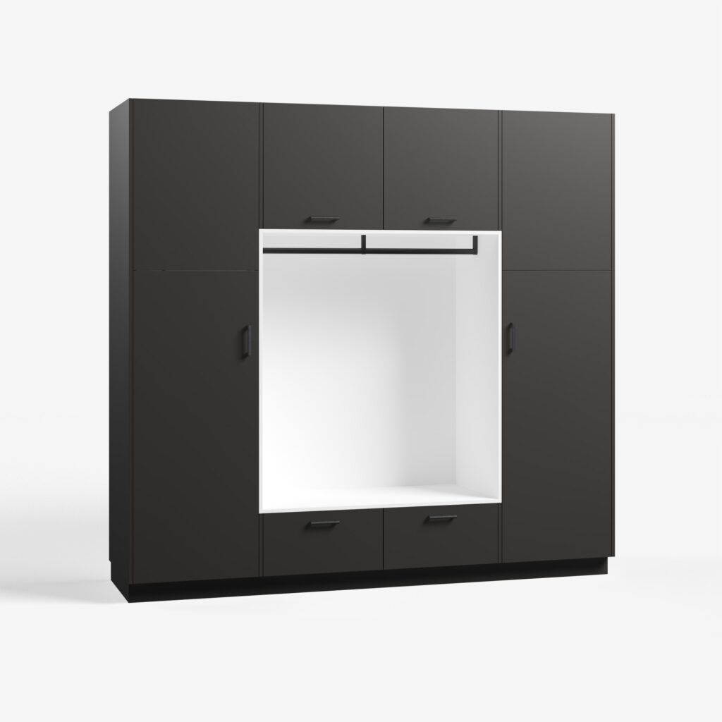 Bijkeuken kast model Putter, metallic black kleur, met ara zwart mat handgrepen, deuren dicht.