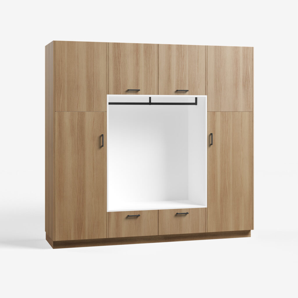 Bijkeuken kast model Putter, natural ash kleur, met ara zwart mat handgrepen, deuren dicht.