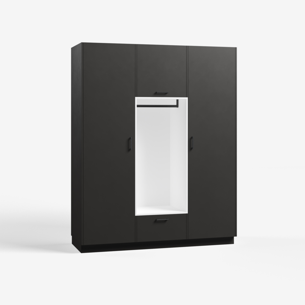 Bijkeuken kast model Wedge, metallic black kleur, met ara zwart mat handgrepen, deuren dicht.