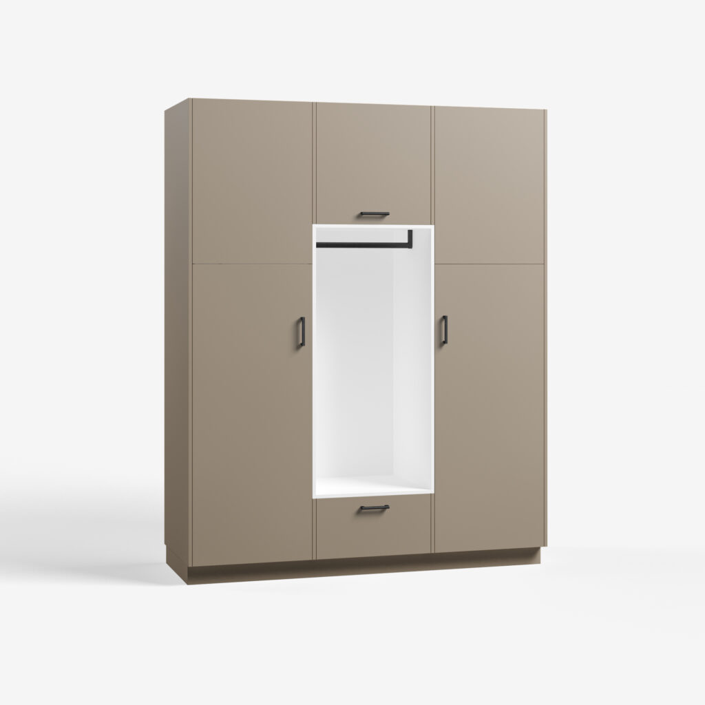 Bijkeuken kast model Wedge, beige grijs kleur, met ara zwart mat handgrepen, deuren dicht.