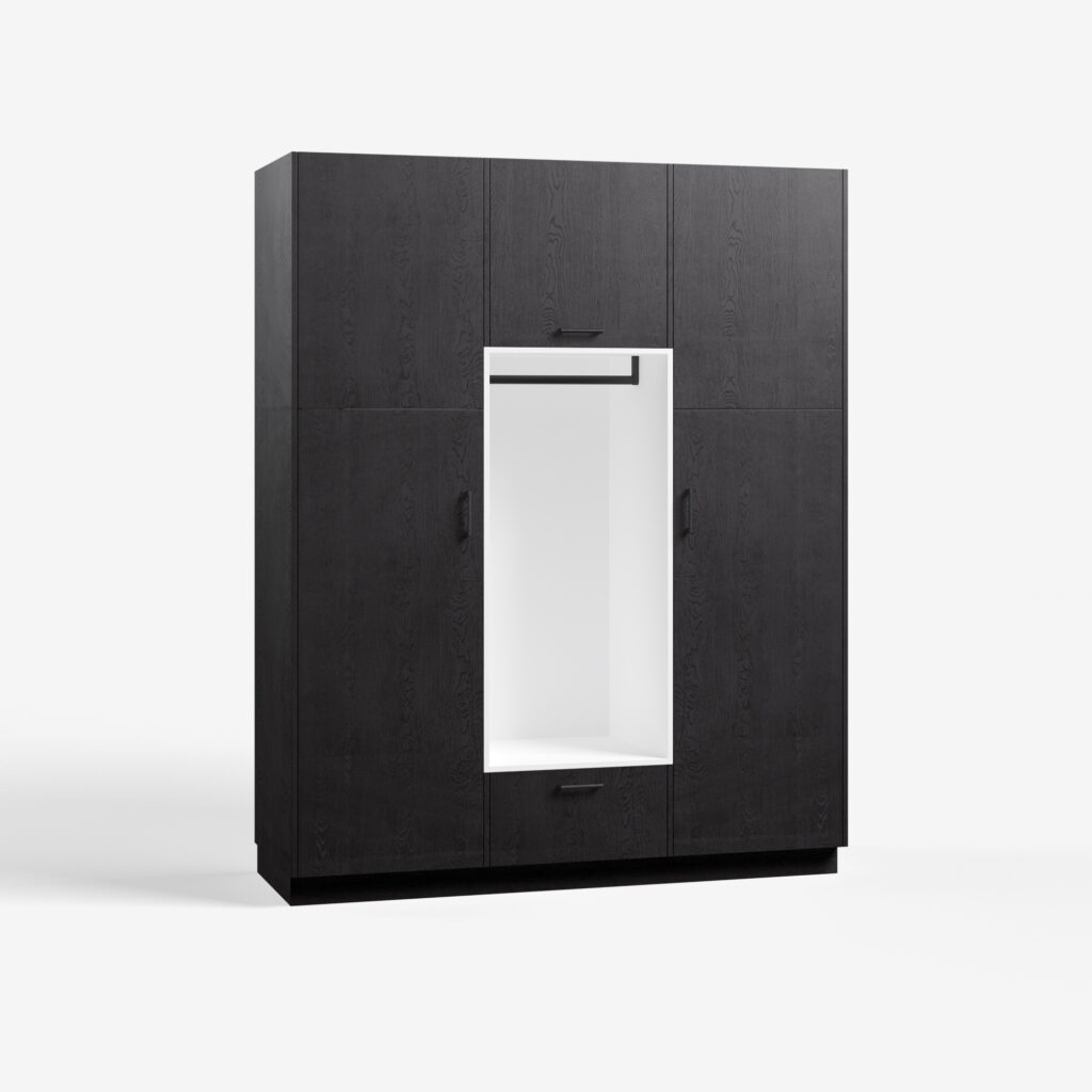 Bijkeuken kast model Wedge, feelwood black kleur, met ara zwart mat handgrepen, deuren dicht.