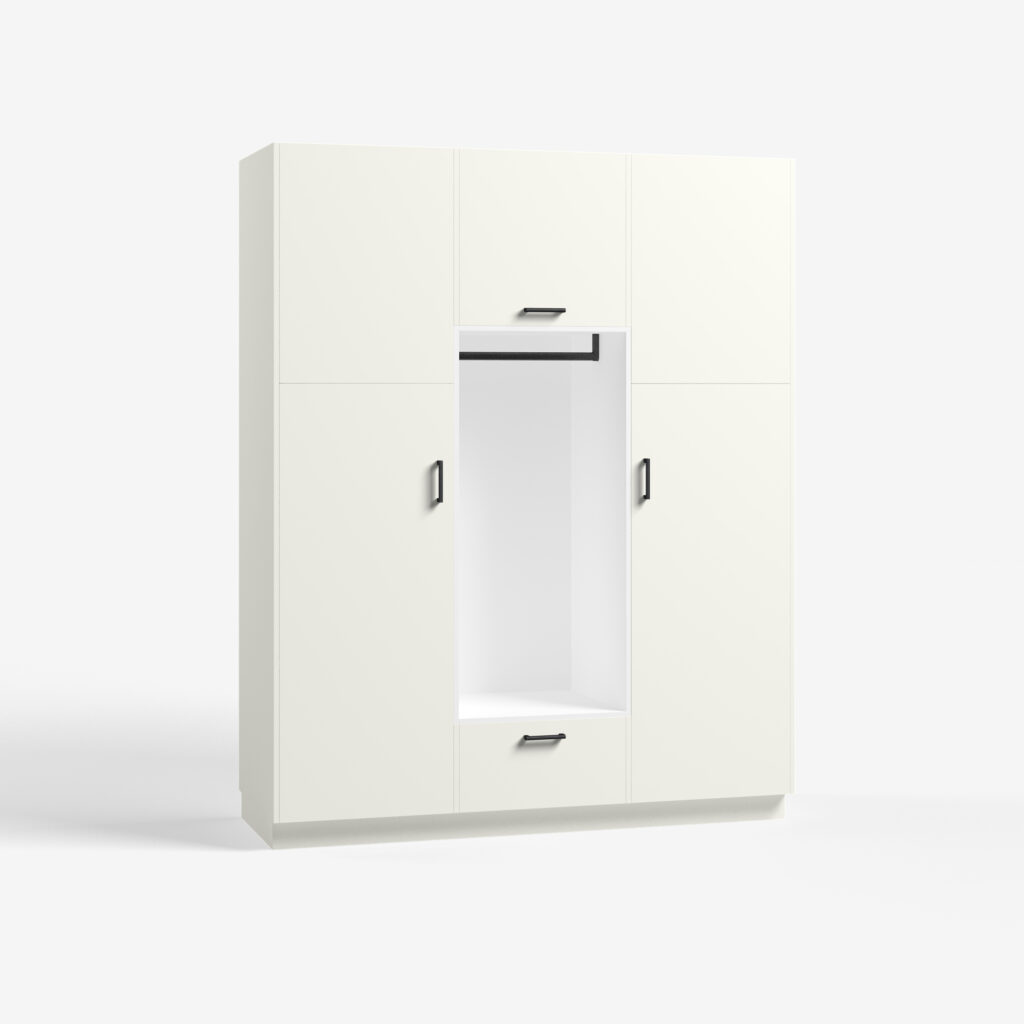 Bijkeuken kast model Wedge, gebroken wit kleur, met ara zwart mat handgrepen, deuren dicht.