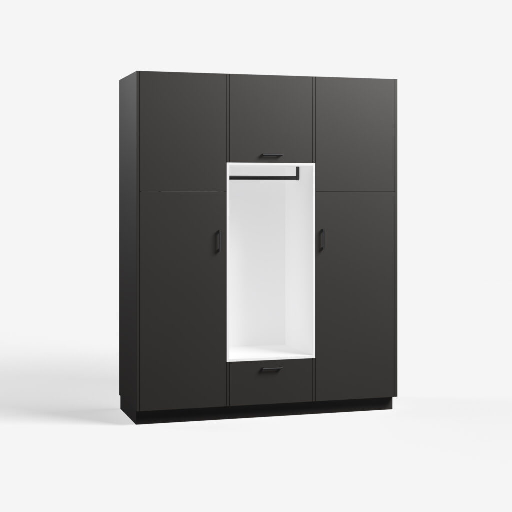 Bijkeuken kast model Wedge, metallic black kleur, met ara zwart mat handgrepen, deuren dicht.