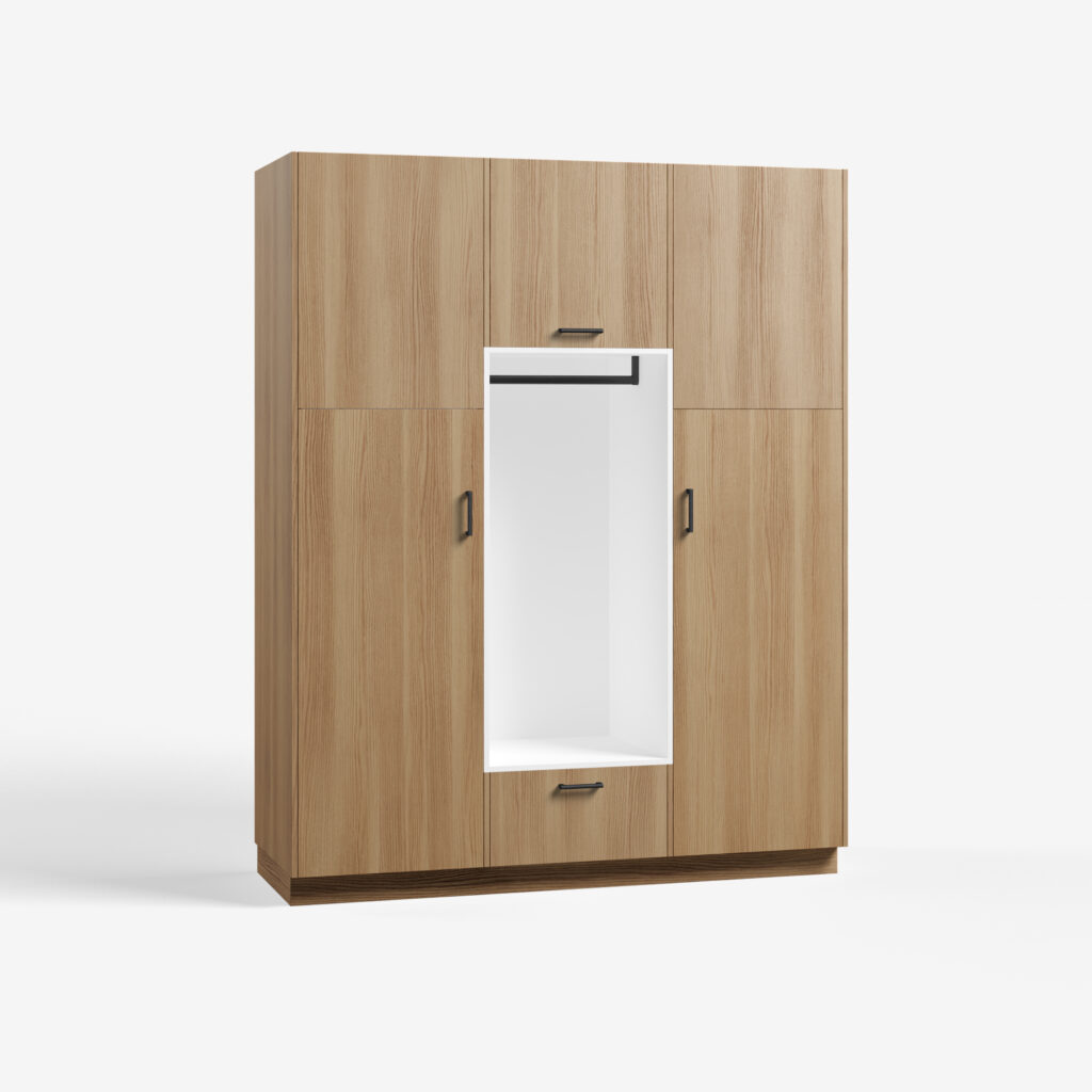 Bijkeuken kast model Wedge, natural ash kleur, met ara zwart mat handgrepen, deuren dicht.